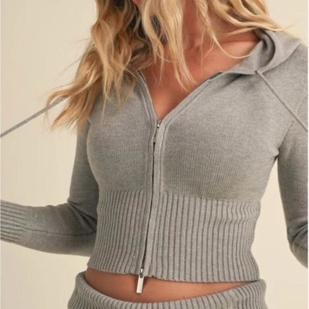 Kimberly C Gray Ribbed Zip Up Crop Top